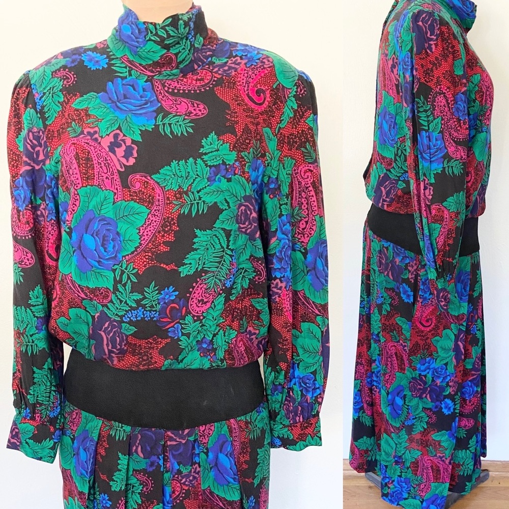 Vintage High Collar Pleated Dress *Size 14* PLAZA SOUTH Long Sleeve Suede Dress
